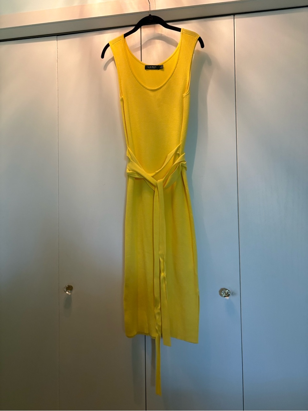 Ralph Lauren Bright Yellow Sleeveless Midi Dress with Tie Waist